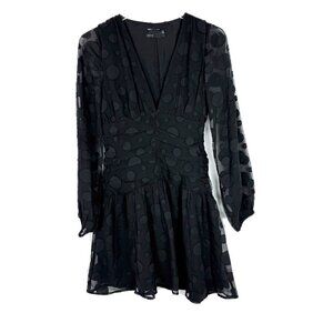 NWT ASOS DESIGN Long Sleeve Ruched Front Skater Mini Dress Black Spot Size 4 NEW